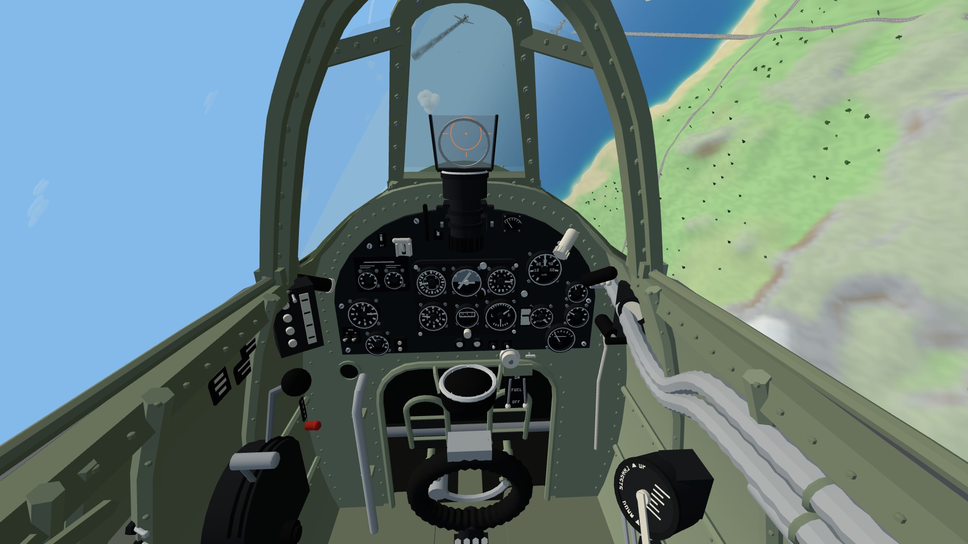 Looking down at a Spitfire's instrument panel in a steep right-hand diving turn: the airspeed needle wound round past nine o'clock, the artificial horizon's bar tilted hard over, the turn needle leaning right, the rev counter on 30, the throttle lever pushed fully forward and the spade grip pulled back, with the coast and the sea tilted beyond the windscreen