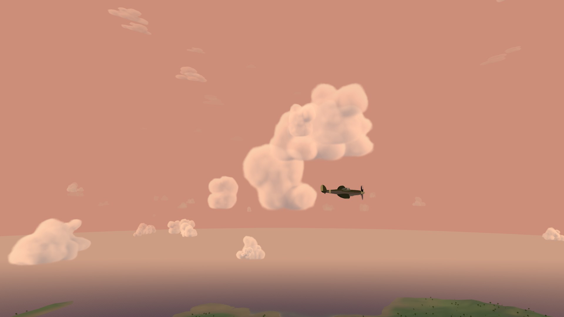 A fighter flying past glowing peach-coloured cumulus clouds in a salmon sunset sky, the island dark below