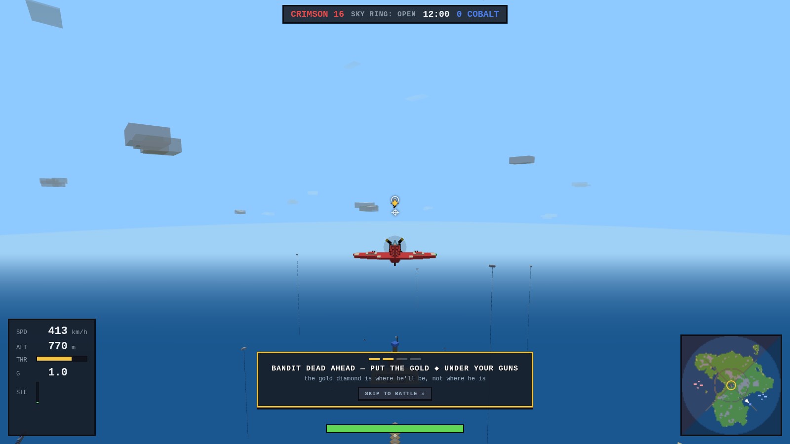 The same first sortie a beat later: a Spitfire wings-level over open water with a greenhorn enemy fighter small in the distance dead ahead, the gold lead diamond sitting on it above the crosshair, and the coach card now reading BANDIT DEAD AHEAD — PUT THE GOLD DIAMOND UNDER YOUR GUNS