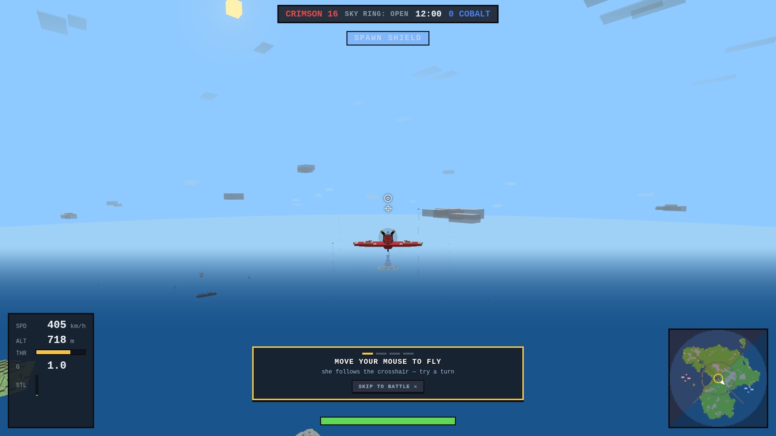A brand-new pilot's first sortie: a Spitfire flying level over the Brick Sea with a gold-bordered coach card at the bottom of the screen reading MOVE YOUR MOUSE TO FLY, a four-step progress rail above it and a SKIP TO BATTLE button below