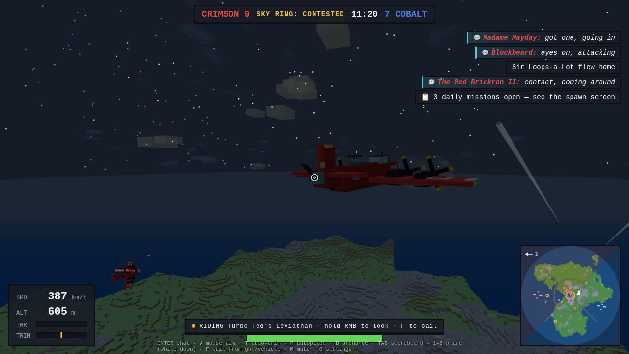 First-person from a B-17's tail-gun station, freelooking: the bomber's blue fuselage, wing and twin tail turrets fill the frame over the Brick Sea coastline, with a chip along the bottom reading RIDING Duchess Divebomb's B-17 — hold RMB to look — F to bail