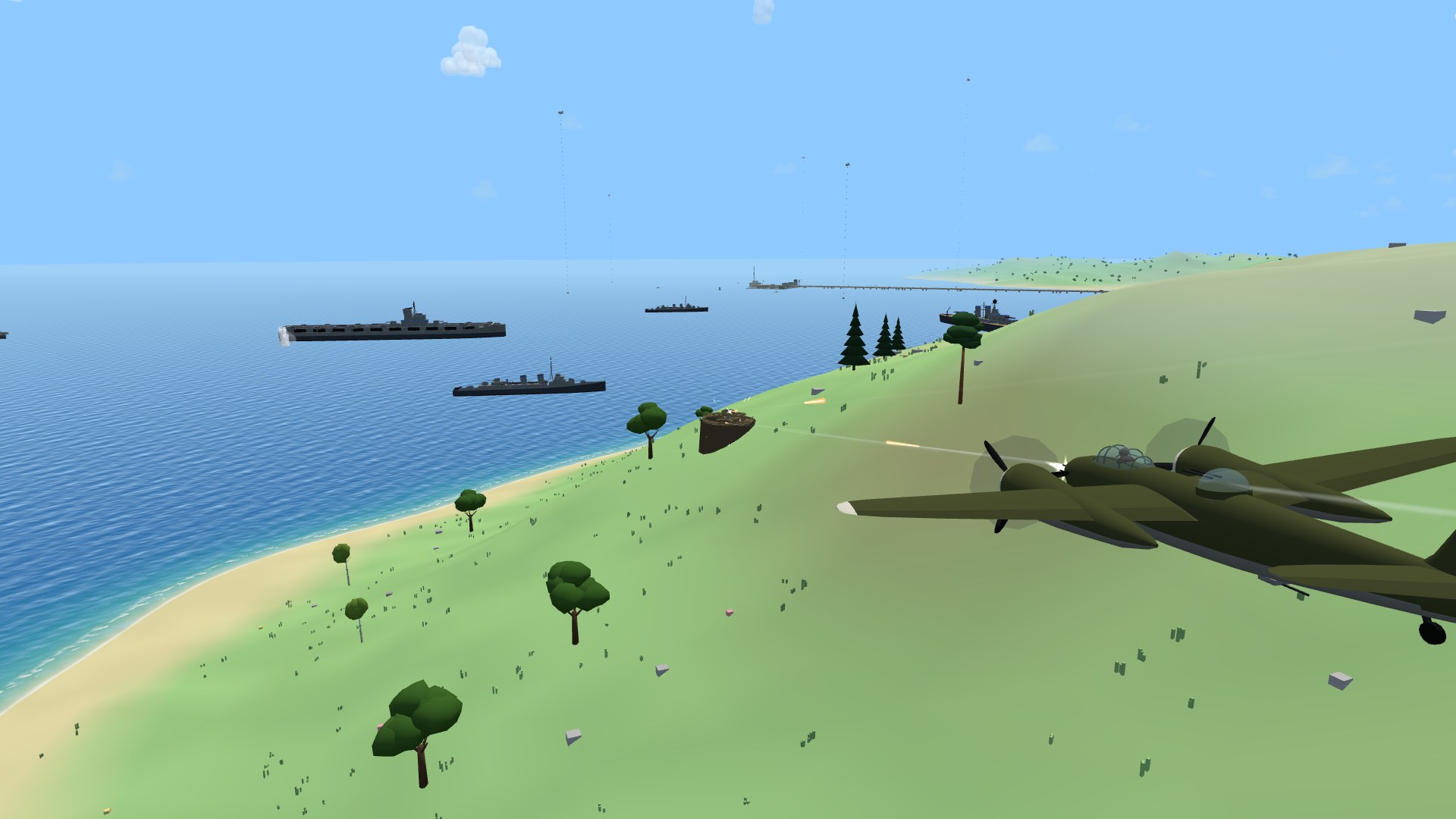 An olive-drab A-20 Havoc at treetop height over green hills, its gun nose firing on an enemy flak position as the gun's tracer climbs back past it