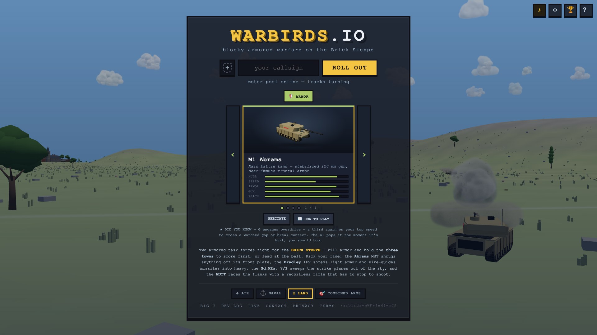 The vehicle picker on the land join screen: the M1 Abrams on the turntable in its card, its hull, speed, armor, gun and reach bars beside it, arrows either side and a rail reading 1 of 4, while behind the panel a Crimson Abrams fires down the steppe at a Bradley