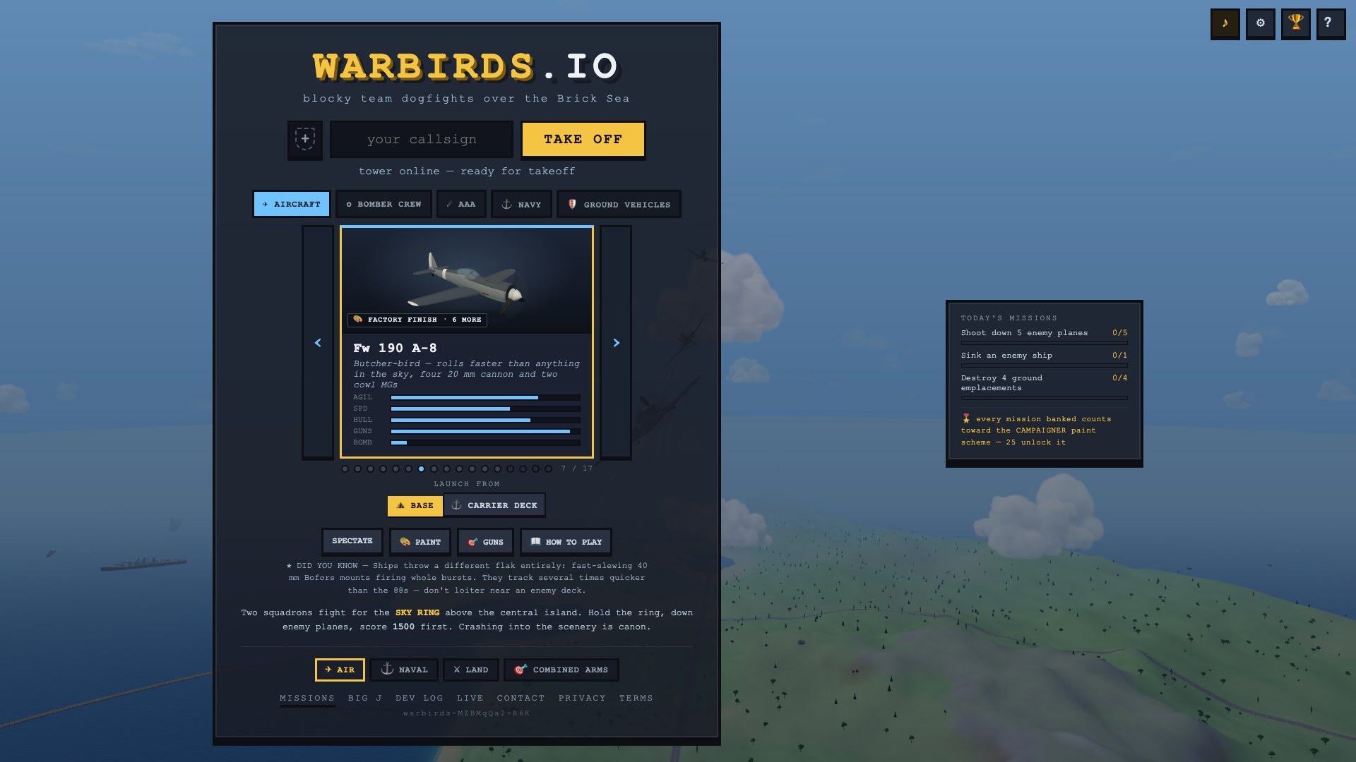 The join screen: callsign box and TAKE OFF button front and center, color-coded arm tabs, and the Fw 190 A-8's card in the carousel spotlight, the grey fighter itself turning on a lit hardstand across the top of the card above its stat bars, walk arrows either side and a dot rail beneath