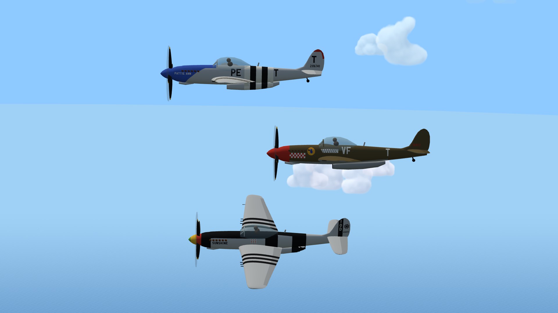 Three P-51 Mustangs stacked like a page of profile plates: the top one bare metal with a bright blue nose, PATTIE ANN on the cowling, black PE and T either side of black-and-white invasion stripes and a red-tipped fin; the middle one olive drab with a red nose, red-and-white checks, an orange disc with a cartoon eagle, a white kill scroll under the canopy and white VF and T; the bottom one bare metal with a black nose, black bands round the fuselage and across the wings, a green, yellow and red spinner and SUNSHINE on the cowling