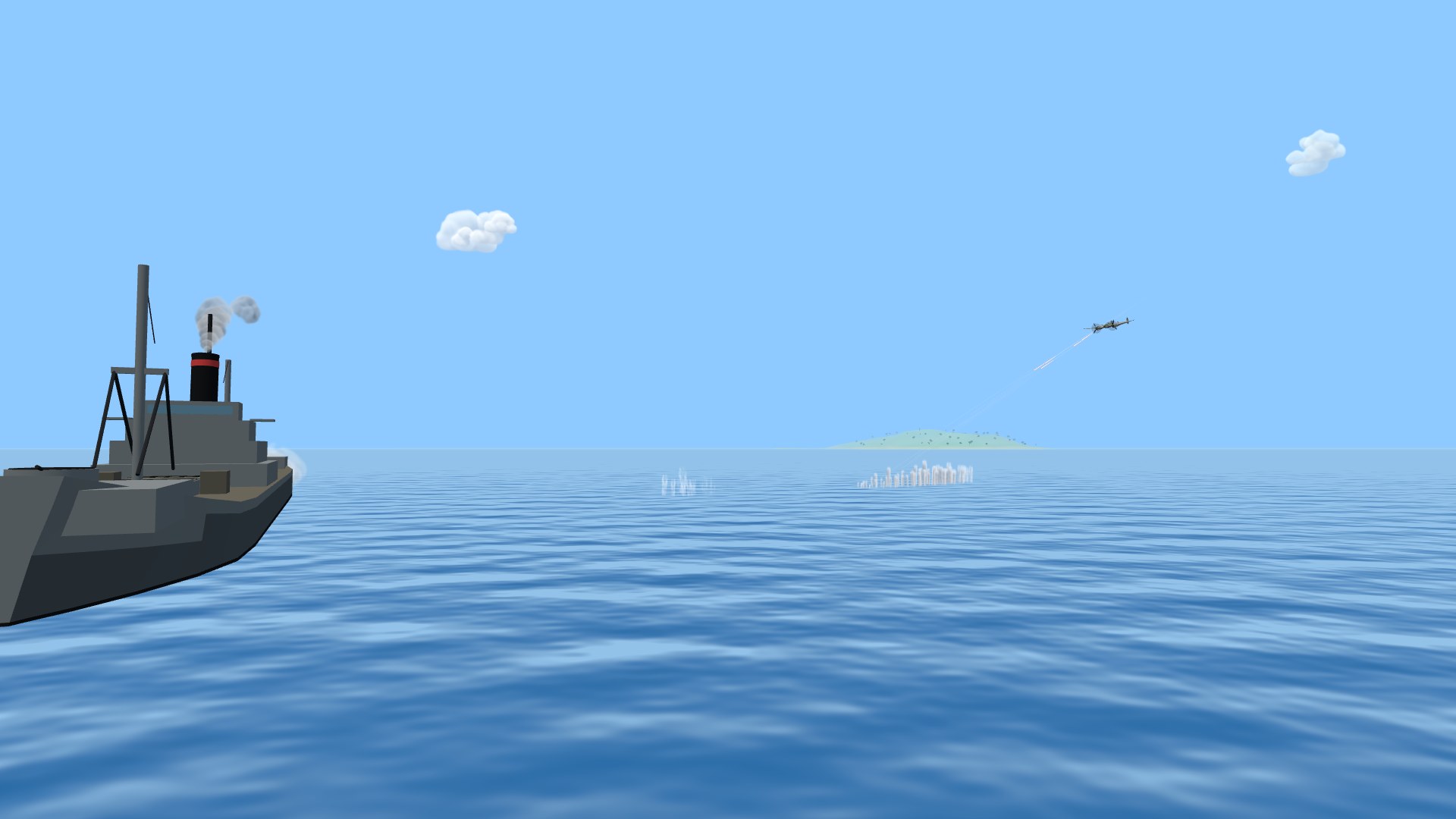 A P-38 diving across open sea, its guns walking a ragged line of white water spouts toward a supply freighter's quarter