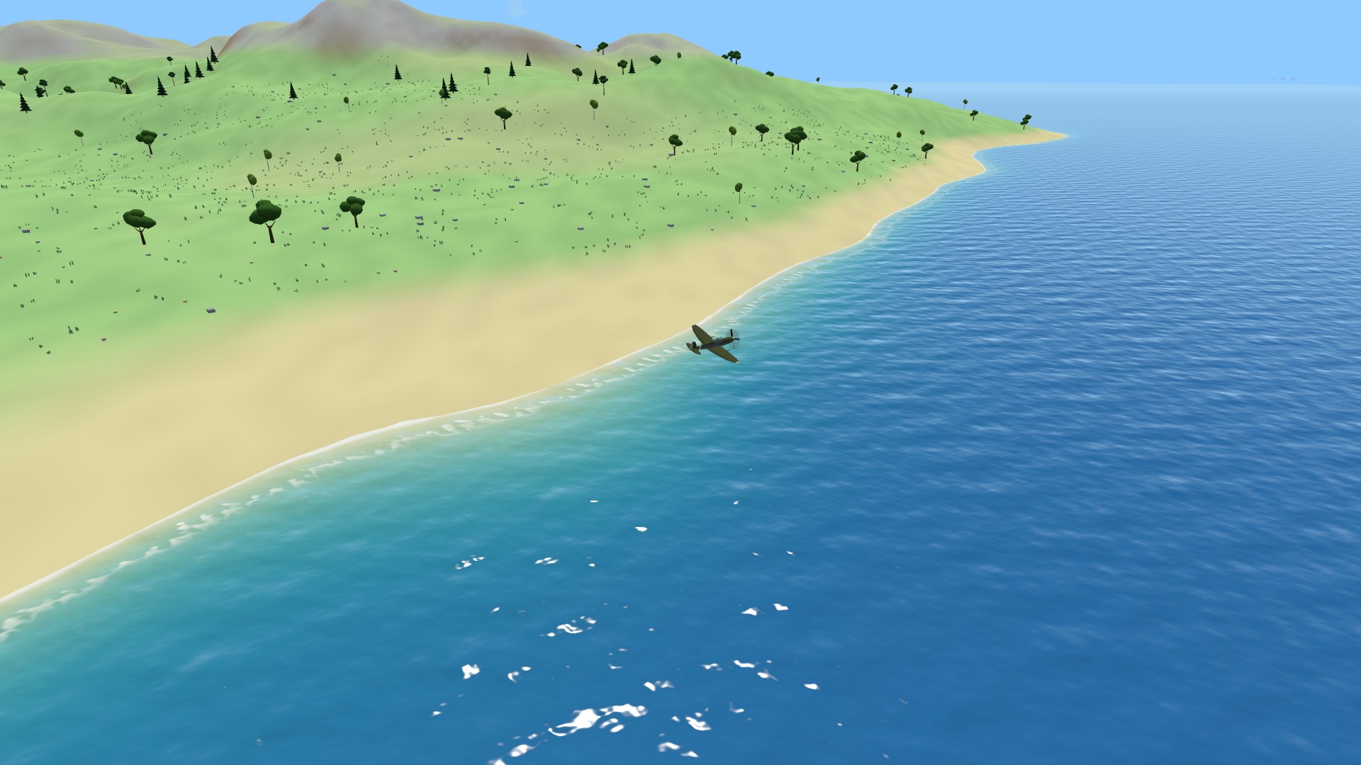 A fighter skimming low along a sandy beach, the water beneath it shading from pale turquoise at the shore to deep blue offshore, with a line of white surf along the sand