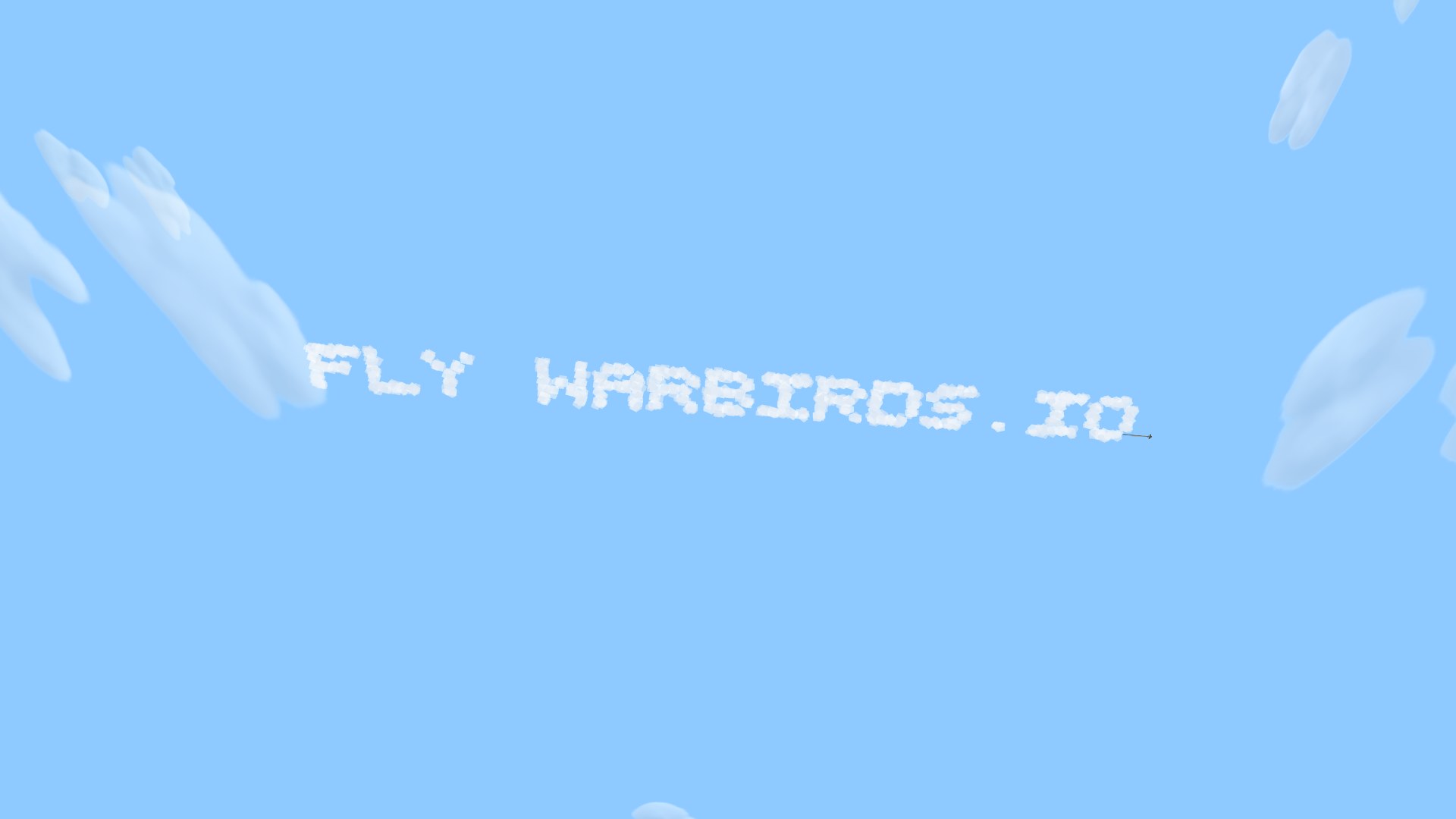 Billowing white smoke capitals reading FLY WARBIRDS.IO laid flat across a deep blue sky, seen from below looking up past the cloud deck, the writer biplane rolling off the end of its final pass